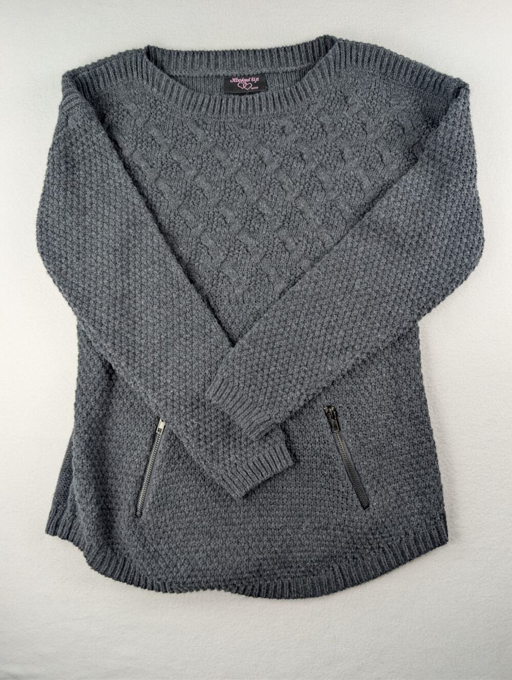Hooked Up by IOT Gray Textured Knit Sweater Zip Pockets Medium